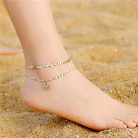 Ankle Bracelets for Women,14K GoldPlated Dainty Layered Chain CZ Initial Anklets - Picture 4 of 7